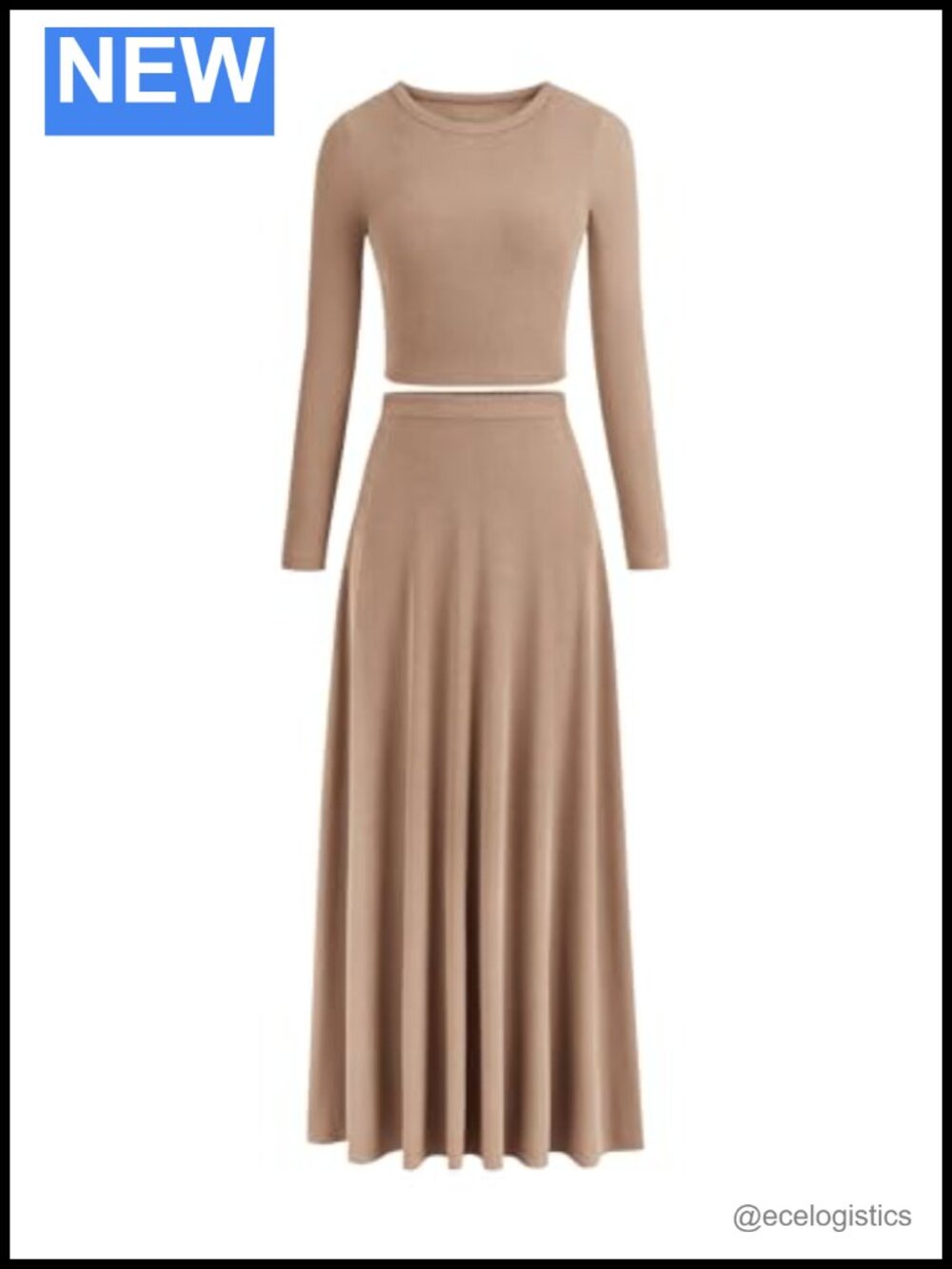 2 Piece Outfit Matching Skirt Set Ribbed Knit Crop Top Maxi Long Sleeve (No